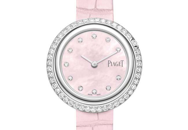 伯爵表PIAGET Possession系列18K白金櫻花粉珍珠母貝錶盤鑲鑽腕錶
