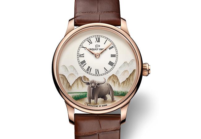 雅克德羅 Jaquet Droz 微繪水牛紅金時分小針盤腕錶，型號：J005123206