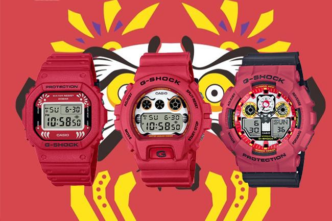 G-SHOCK達摩系列，圖左：DW-5600DA，建議售價NT$3,900／圖中：DW-6900DA-4，建議售價NT$3,900／圖右：GA-100DA-4A，建議售價NT$4,900