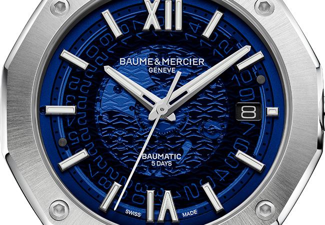 名士BAUME & MERCIER Riviera Baumatic透明煙燻藍色自動腕錶