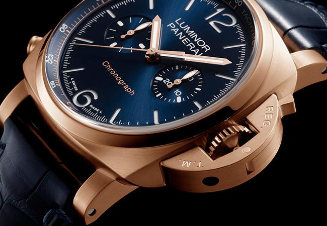 沛納海Luminor Chrono  Goldtech Blu Notte玫瑰金計時腕錶型號PAM01111