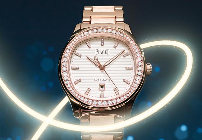 伯爵PIAGET Polo系列月白色日期顯示18K玫瑰金鑽石腕錶